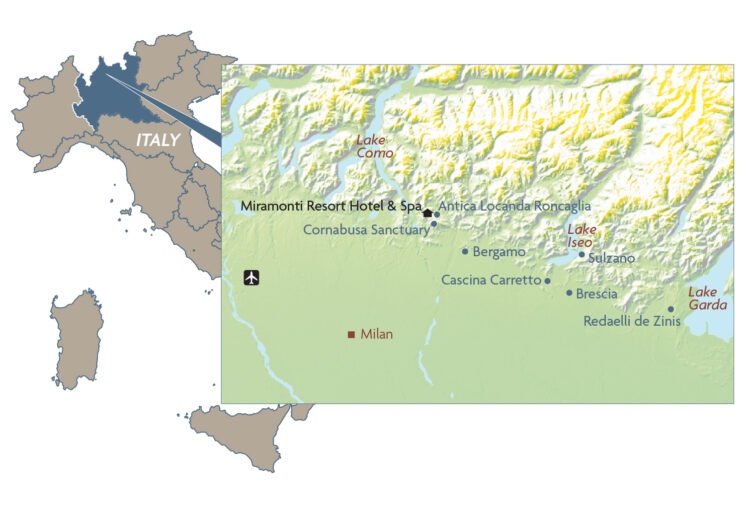 Map showing the places visited in Italy on the essence of Lombardy tour