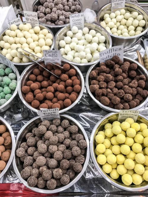 An assortment of chocolate truffles and sweets made in Modica in Sicily. The chocolates are a speciality of modica in Sicily. Tartufi of all flavours