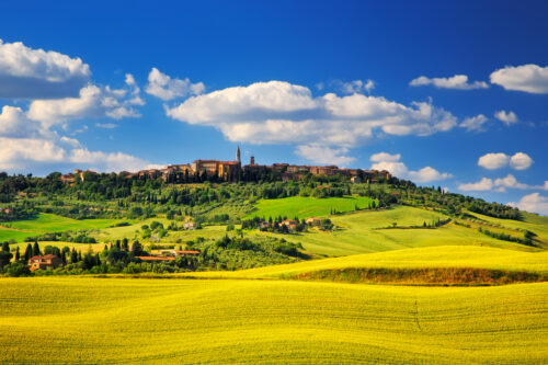 A panoramic view of the Tuscan countryside featuring a picturesque hilltop town nestled among rolling green hills and fields of vibrant yellow flowers under a bright blue sky with fluffy white clouds.