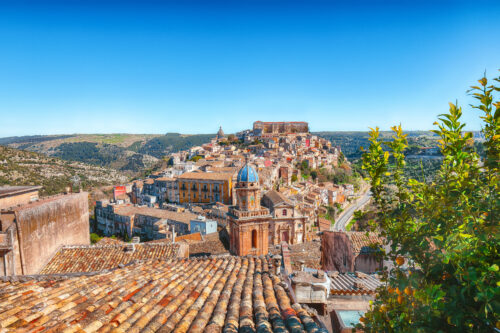 Sunrise at the old baroque town of Ragusa Ibla in Sicily. Historic center called Ibla builded in late Baroque Style. Ragusa, Sicily, Italy, Europe.