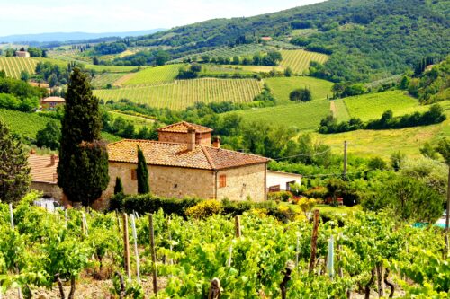 Tuscany, Italy. A typical view of a villa and rolling Tuscan countryside with vineyards all around.
